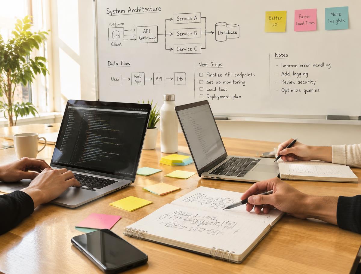 Laptops and notebooks on a table in front of a whiteboard with system architecture diagrams