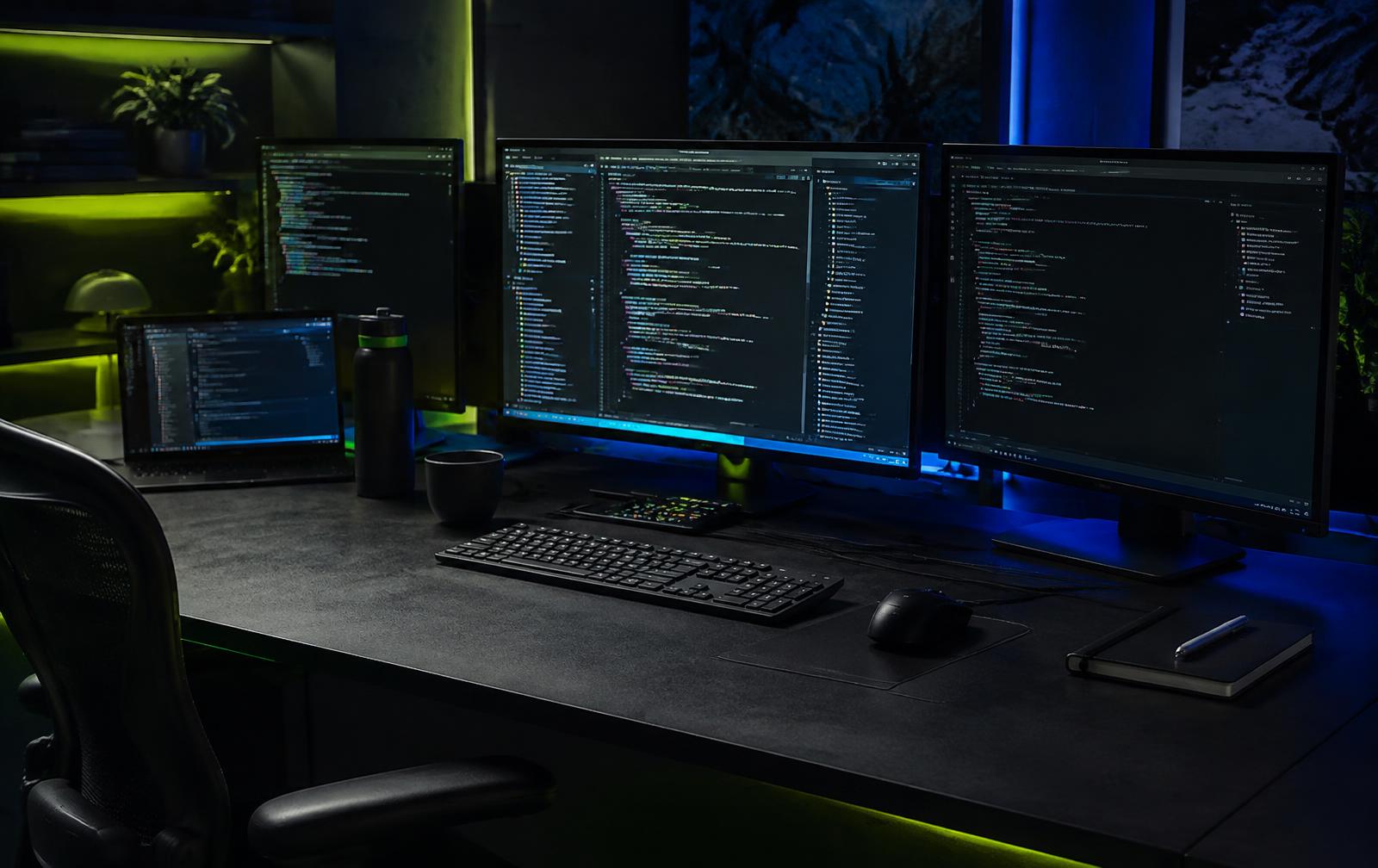 Software development workstation with several monitors displaying source code